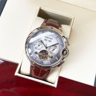 Cartier 316L Steel Case 44*12MM Cowhide Leather Bracelet Business Men Watch